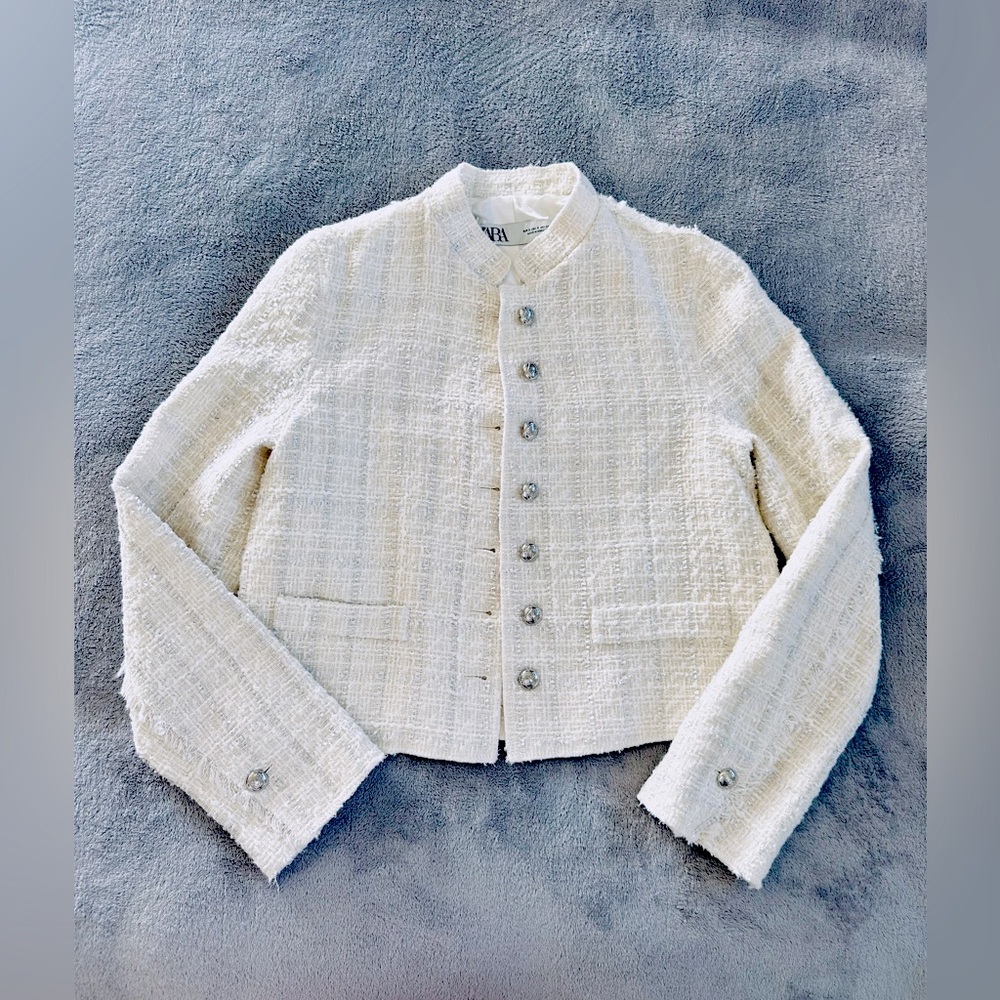 Zara Womens White Metallic Tweed High Neck Button Up Blazer Jacket Size S